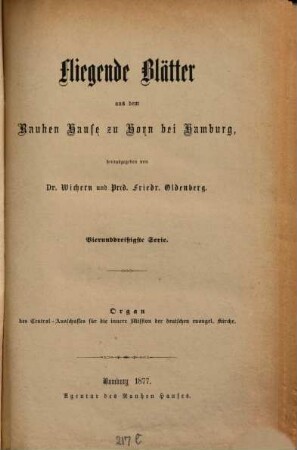 Fliegende Blätter aus dem Rauhen Hause zu Horn bei Hamburg Organ des