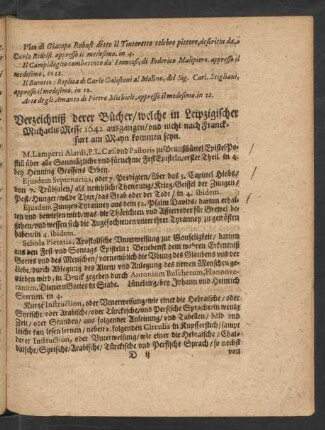 Verzeichniß derer Bücher/ welche in Leipzigischer Michaelis Messe 1642. ausgangen/ ...