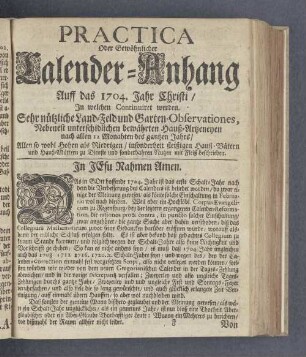 Practica Oder Gewöhnlicher Calender-Anhang Auff das 1704. Jahr Christi/