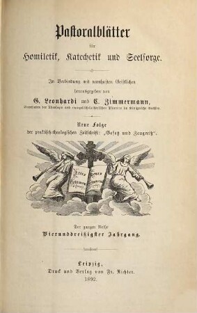Pastoralblätter für Homiletik, Katechetik und Seelsorge. 34 = N.F., Bd. 22. 1892