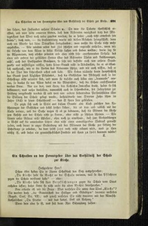 ¬Ein¬ Schreiben an den Herausgeber über das Verhältniß der Schule zur Kirche