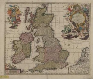 Karte der Britischen Inseln, 1:2 300 000, Kupferstich, nach 1717 : Magnae Britanniae Tabula : Comprehendens Angliae, Scotiae, Ac Hiberniae Regna, in omnes suascuiusque Provincias peraccuraté et distincté divisa ; Guilielmo III D. G. Angliae, Scotiae, Franciae, Et Hiberniae Regi ; Religionis Et Libertatis Oppressae Liberatori Ac Defensori ; cum Privil. Ord. General. Belgii Foederati / per Nicolm. Visscher. - [Ca. 1:2 300 000]. - Amst.Bat. : P. Schenk Iun. , [nach 1717]. - 1 Kt. : Kupferst. ; 55 x 45 cm