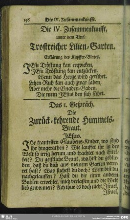 Die IV. Zusammenkunfft, unter dem Titul: Trostreicher Lilien-Garten : IV. Zusammenkunfft, unter dem Titul: Trostreicher Lilien-Garten