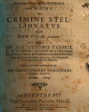 Racematio Extraordinaria Ad Tit. D. & C. De Crimine Stellionatvs [Stellionatus]