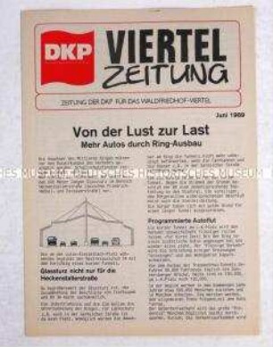 Zeitung der DKP-Ortsgruppe Waldfriedhof-Viertel (München?) u.a. über Wohnungsnot und Verkehrsplanung