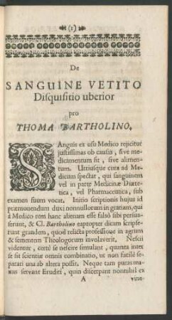 De Sanguine Vetito Disquisitio uberior pro Thoma Bartholino.