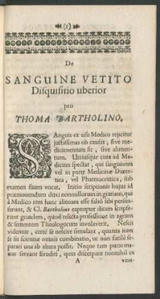 De Sanguine Vetito Disquisitio uberior pro Thoma Bartholino.