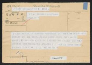Brief von Lili Avenarius an Gerhart Hauptmann