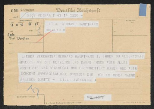 Brief von Lili Avenarius an Gerhart Hauptmann