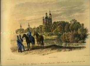 Militärdarstellung, Soldaten des III. Französischen Armee-Korps an der Moskauer Kirche der Altgläubigen am 3. Oktober 1812, Napoleons Russlandfeldzug, 1812. Tafel 67 aus: Faber du Faur: Mit Napoleon in Rußland 1812.