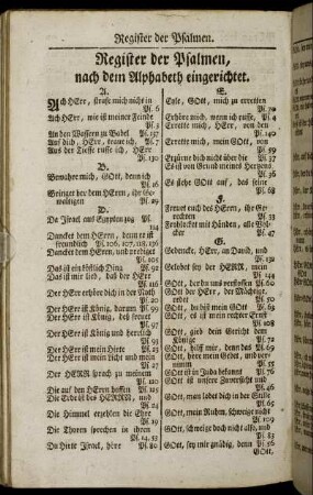 Register der Psalmen nach dem Alphabeth eingerichtet.