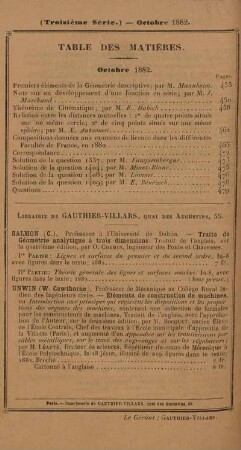 Table des matières. Octobre 1882.