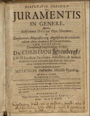 Disputatio Iuridica De Iuramentis In Genere