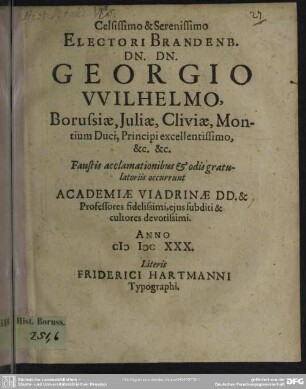 Electori Brandenburgico Georgio Wilhelmo, faustis acclamationibus occurrunt academiae Viadrinae doctores