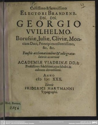 Electori Brandenburgico Georgio Wilhelmo, faustis acclamationibus occurrunt academiae Viadrinae doctores