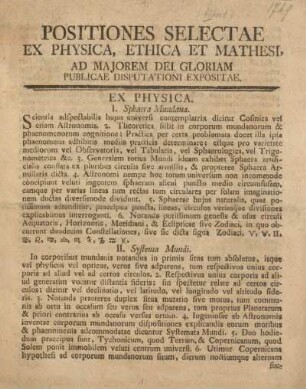 Positiones selectae ex physica, ethica et mathesi.