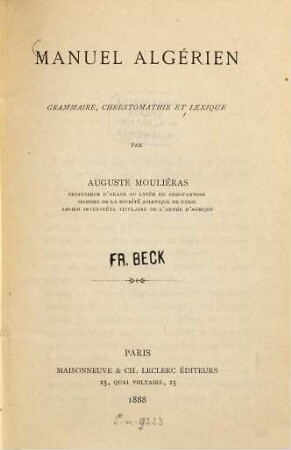 Manuel algérien : grammaire, chrestomathie et lexique