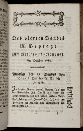 Des vierten Bandes IX. Beylage zum Religions-Journal, Im October 1783