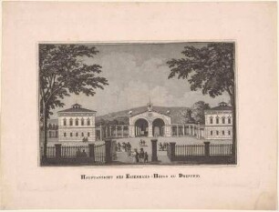 Die Kopfbauten des ersten Leipziger Bahnhofes an der Leipziger Straße in Dresden-Neustadt (1839 eingeweiht) vom Vorplatz nach Norden