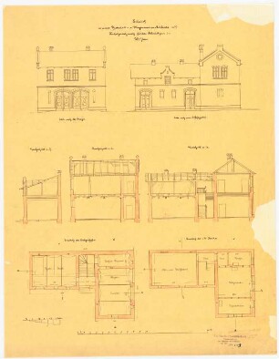 Ständehaus, Wohlau Pferdestall, Remise, Kutscherwohnung: Grundriss Ergeschoss, Obergeschoss; Aufriss Straßenseite, Schlossgartenseite; 3 Schnitte; Maßstabsleiste