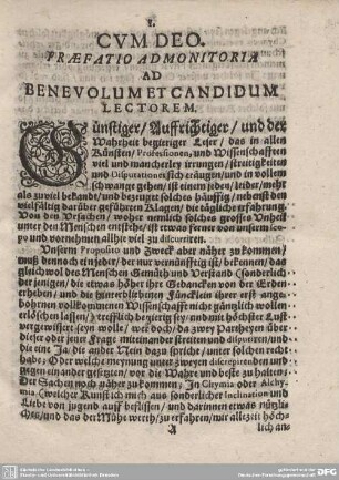 CUM DEO, PRAEFATIO ADMONITORIA AD BENEVOLUM ET CANDIDUM LECTOREM.