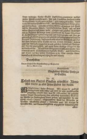 No. IV. Joseph von Gottes Gnaden erwehlter Römischer Käyser zu allen Zeiten Mehrer des Reichs