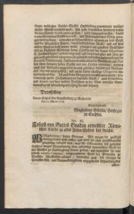 No. IV. Joseph von Gottes Gnaden erwehlter Römischer Käyser zu allen Zeiten Mehrer des Reichs