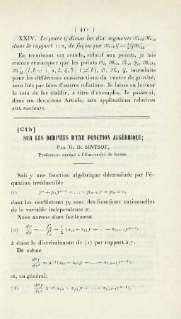 Sur les Dérivées d'une Funtion Algébrique.