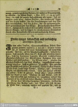 II. Probe einiger bedencklich und verdächtig übersetzten Stellen