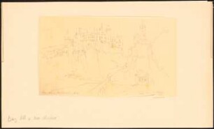 Burgen Alt-Oberstein (Bosselstein) und Neu-Oberstein an der Nahe mit der Felsenkirche im Jahre 1645: Durchzeichnung: Perspektivische Ansicht der Burgen mit der Felsenkirche