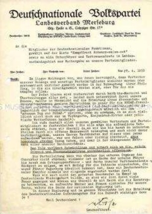 Rundschreiben des Landesverbandes Merseburg der DNVP an alle Mitglieder über das Verhältnis zur NSDAP
