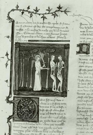 Illumination aus der "Bible historale" des Guiart Desmoulins: Vertreibung aus dem Paradies und Initiale D,