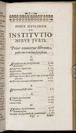 Index Titulorum In Institutionibus Juris. Prior numeruns librum, posterior titulum significat.