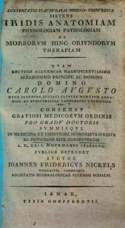 Dissertatio Inauguralis Medico-Chirurgica Sistens Iridis Anatomiam Physiologiam Pathologiam Et Morborum Hinc Oriundorum Therapiam