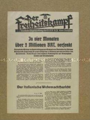 Nachrichtenblatt der Tageszeitung der NSDAP Sachsen "Der Freiheitskampf" zum deutschen Handelskrieg gegen England
