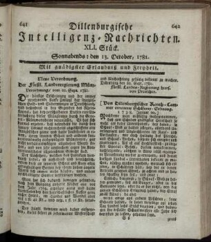 XLI. Stück. Sonnabends: den 13. October 1781.