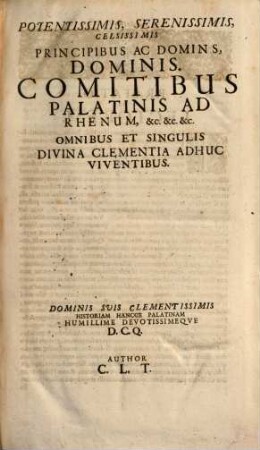 Caroli Ludovici Tolneri Historia Palatina, Seu Primorum & Antiquissimorum Comitum Palatinorum Ad Rhenum Res gestae eorumque in Palatinatu Rhenano vera & indubitata, hactenus non satis cognita successio : Ubi & simul agitur I. De Primorum & antiquiss. Comitum Palatinorum ad Rhenum Genealogia vera ex ipsis Antiquitatum fontibus ... II. De Palatinatus Rhenani incrementis & decrementis. III. De Vicariatu Palatino eiusque antiquitate. IV. De Maioribus Domus & Comitibus Palatii usque ad tempora Caroli M. & Conradi I. Imp. V. De Archi-Officiis Imperii, & inprimis de Archi-Dapiferatu & Archi-pincernatu. VI. De rebus gestis C. Palatinorum ad Rhenum, a temporibus Conradi I. Imp. usque ad Rudolphum I. Imper. Habsburgicum. Adjectus Codex Diplomaticus Palatinus, seu Diplomata & Imperatorum ...