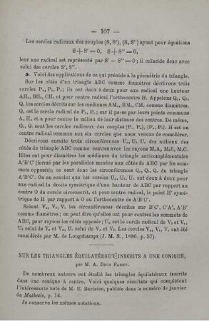 Sur les triangles équilatéraux inscrits a une conique.