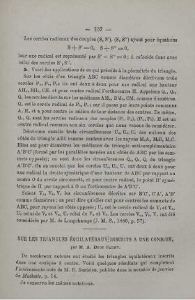 Sur les triangles équilatéraux inscrits a une conique.
