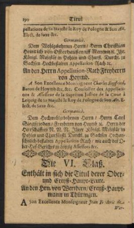 Die VI. Claß. Enthält in sich die Titul derer Ober- und Creyß-Haupt-Leute