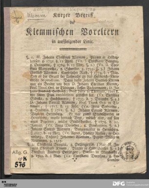 Kurzer Begriff der Klemmischen Voreltern in aufsteigender Linie