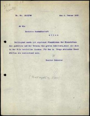 W. Wrede an Deutsche Gesandtschaft Athen