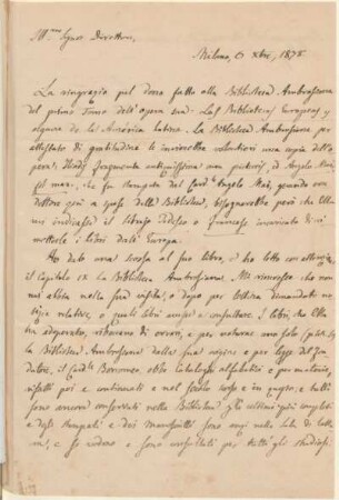 [Carta de agradecimiento de Antonio Leviani a Vicente Quesada en italiano, Milán, 6 de octubre de 1878] : Biblioteca Ambrosiana de Milán