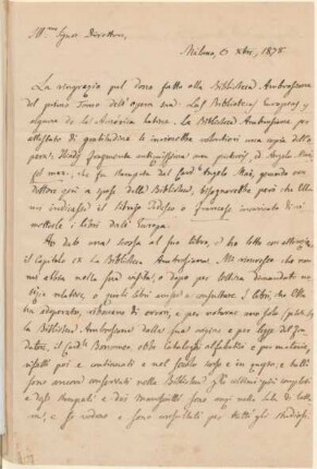 [Carta de agradecimiento de Antonio Leviani a Vicente Quesada en italiano, Milán, 6 de octubre de 1878] : Biblioteca Ambrosiana de Milán