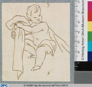 Sitzender Putto mit Draperie nach rechts gewendet