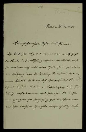 Nr. 5: Brief von Carl Posner an Paul de Lagarde, Berlin, 13.11.1889