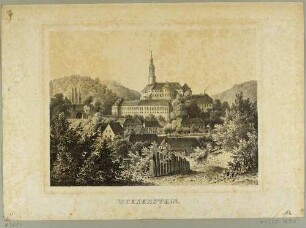 Schloss Weesenstein über dem Müglitztal (Müglitztal-Weesenstein) südöstlich von Dresden, Blick vom Abendfrieden nach Süden, aus dem Album der Rittergüter und Schlösser im Königreiche Sachsen