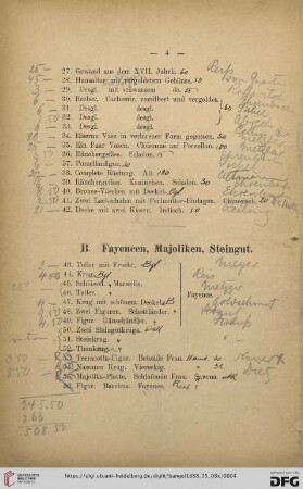 B. Fayencen, Majoliken, Steingut (Nr. 43-110)