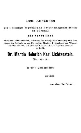 Dem Gedenken [...] Dr. Martin Heinrich Karl Lichtenstein, [...]