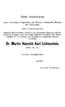 Dem Gedenken [...] Dr. Martin Heinrich Karl Lichtenstein, [...]